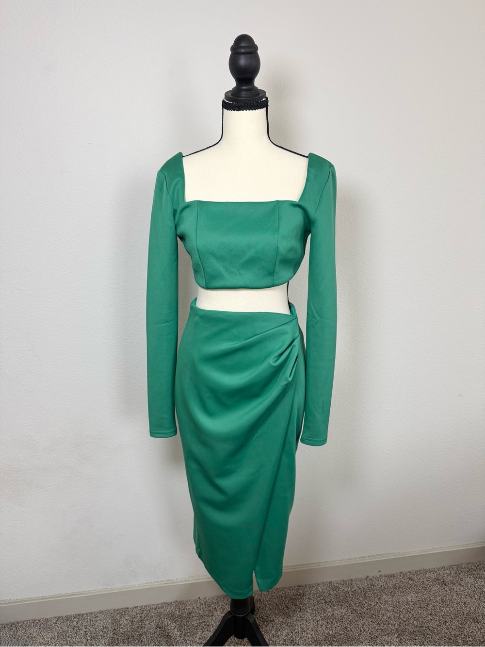 Showpo Jade Two-Piece Long Sleeve Crop & Midi Skirt Set